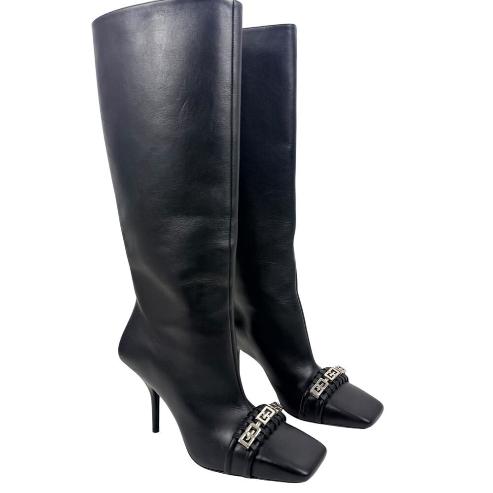 New Givenchy G Woven Leather Knee High Square Toe Boots Black Size 37 - Picture 2 of 9
